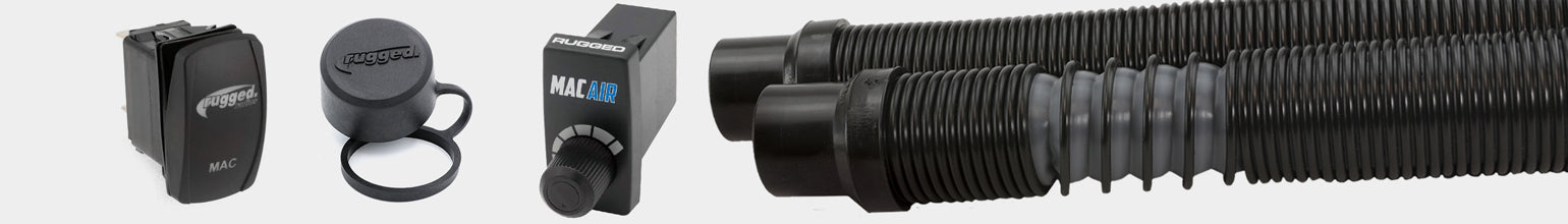 Helmet air pumper accessories—expandable hoses, variable‑speed rocker switches, MagLock quick‑release components, hose hangers, blower caps, and splitter parts