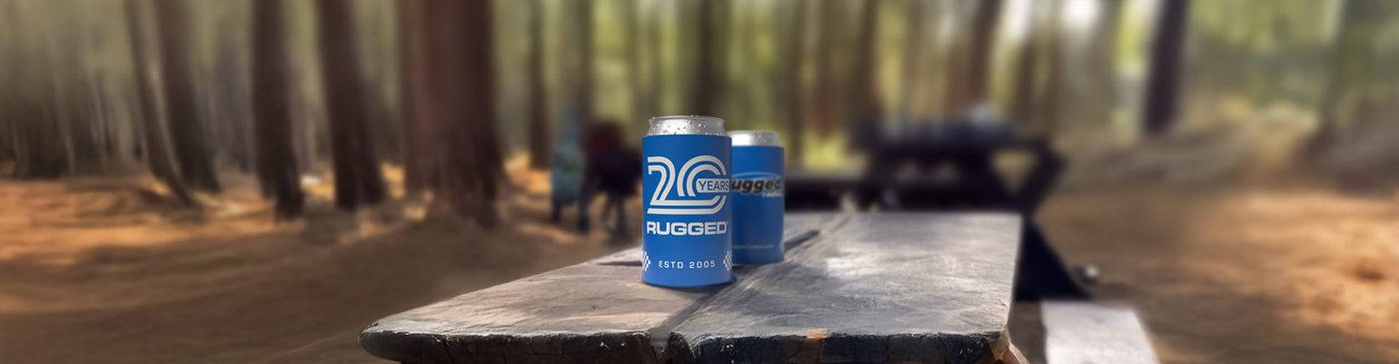 Rugged Radios Collection swag—various decals, branded stickers, promotional patches, apparel gift cards, and small swag items for fans and giveaways