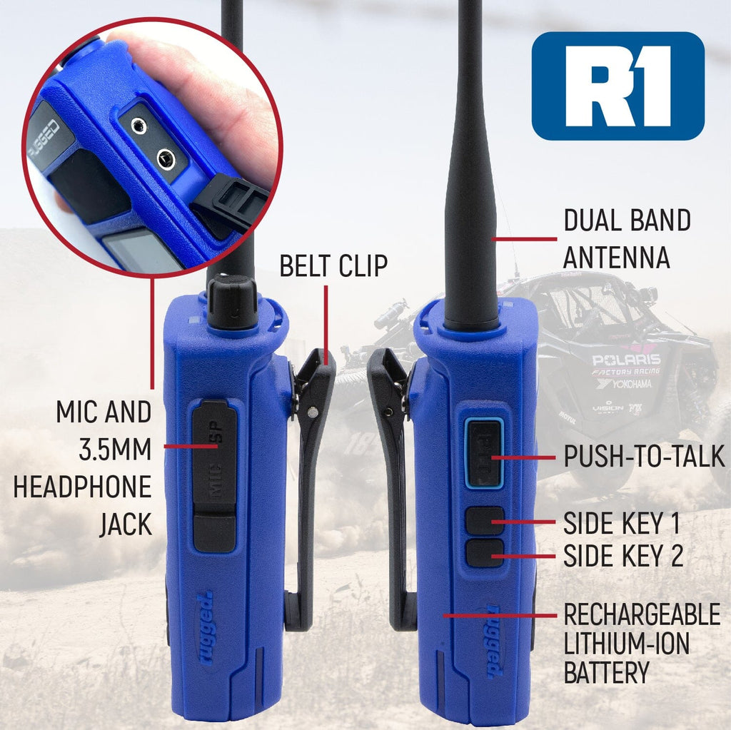 R1 handheld radio features belt clip, mic and headphone jack, dual band antenna, push-to-talk, side keys, and rechargeable battery