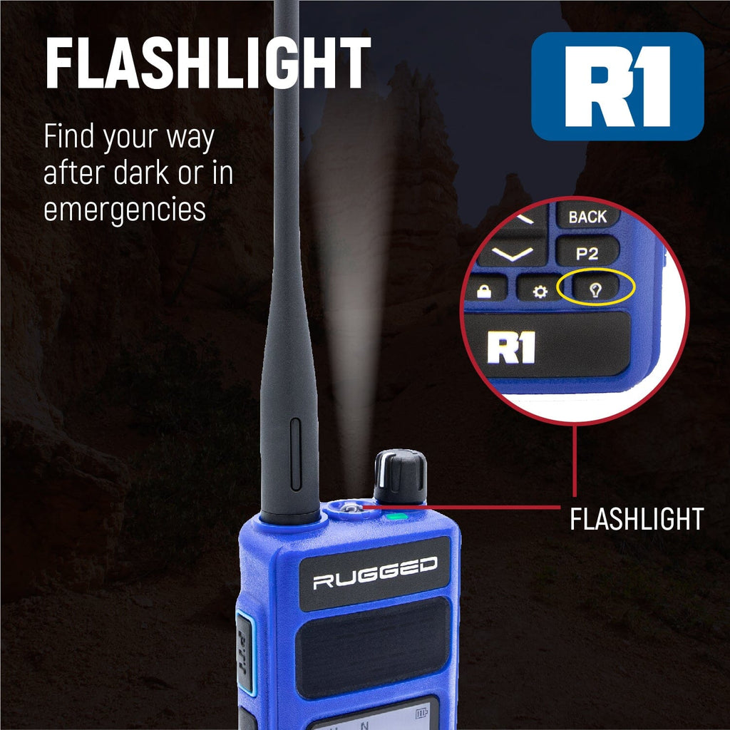 R1 handheld radio with buit-in LED flashlight helps find your way in the dark