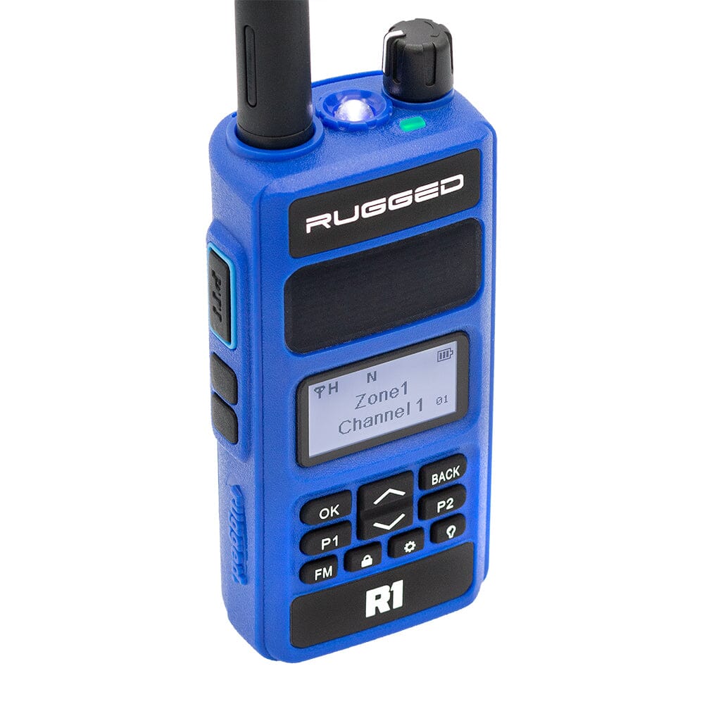 R1 VHF and UHF digital and analog 2-way handheld radio with tons of features and optional accessories including long range antennas, XL batteries, hand mics