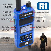 Load image into Gallery viewer, R1 radio features dual band antenna, flashlight, push-to-talk, backlit display, easy to use keypad, transmit and receive light, and more