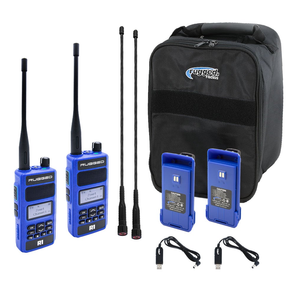 2-Pack R1 VHF and UHF digital and analog 2-way handheld radio with tons of features and optional accessories including long range antennas, XL batteries, hand mics